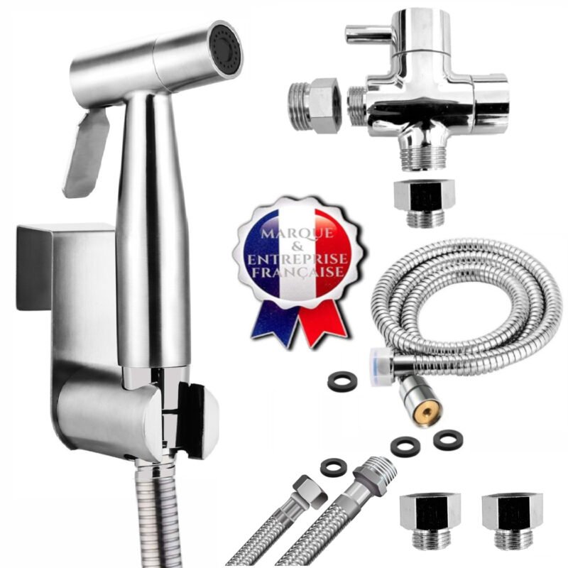 SUS 304 Simple Jet - Kit douchette WC pour l'hygiène intime - idéal pour les installations ayant une arrivée d'eau par tuyau rigide ou souple - Standard Français (3/8") - Métallique - Taharat -