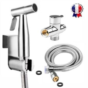 SUS 304 Simple Jet - Kit douchette WC pour l'hygiène intime - Avec Vanne 3 voies aux Standards Français (3/8"-12x17mm) - Métallique - Finition Nickel Brossé - Taharat