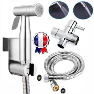 SUS 304 Double Jet - Kit douchette WC pour l'hygiène intime - Avec Vanne 3 voies 3/8"- Aux Standards Français - Finition Nickel Brossé - Métallique - Taharat